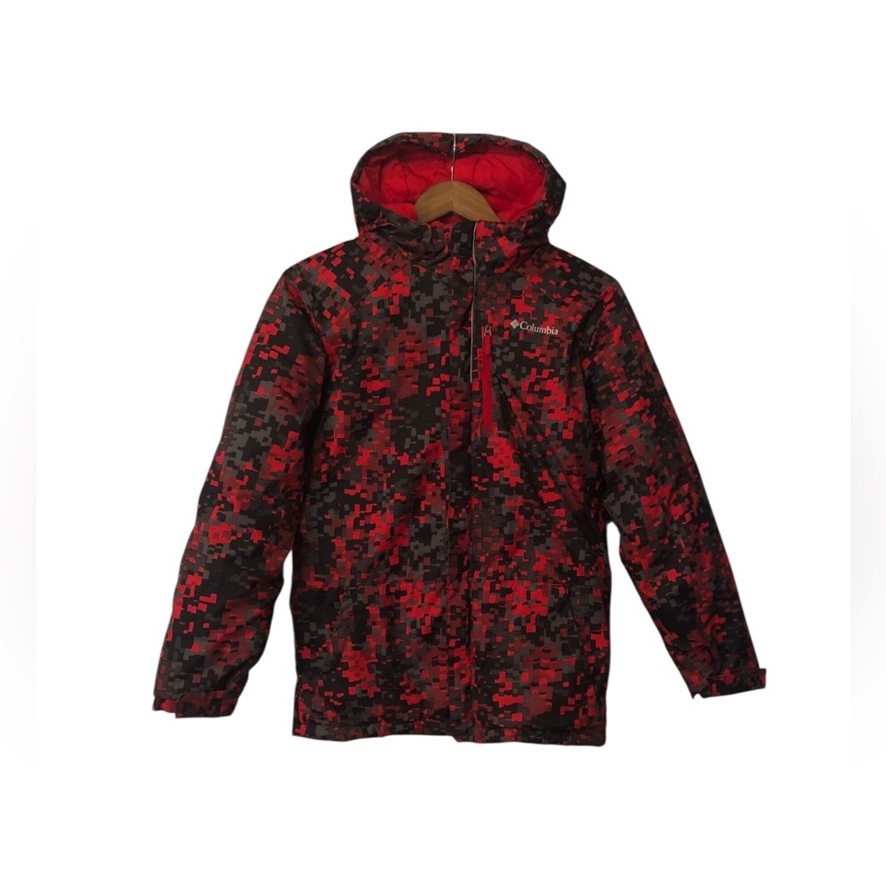 Columbia Lightning Lift Red Digi Black Pixelated Camo Hooded Puffer Ski Coat
